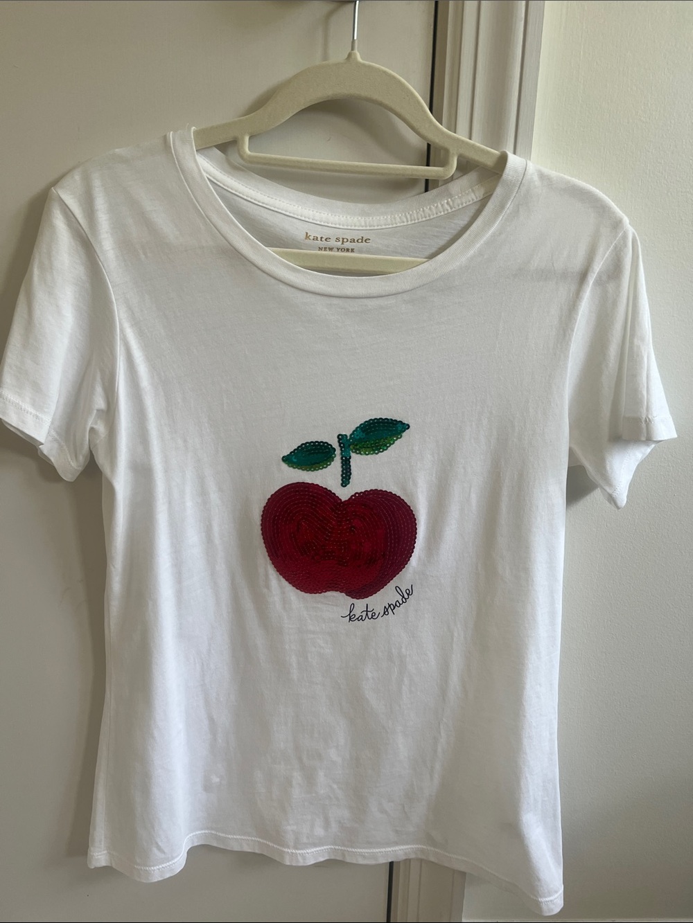 kate spade White Tee with Red Sequin Apple